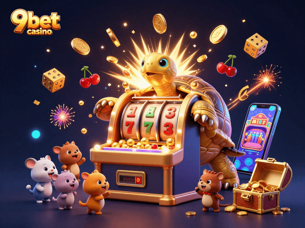 Experience the thrill of 9bet casino with a vibrant jackpot scene featuring a colossal golden tortoise.