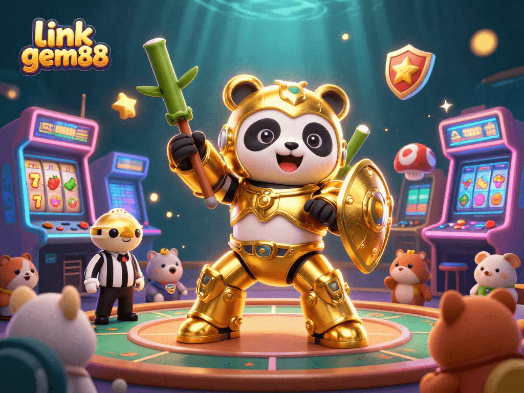 Play exciting games at link gem88 with a vibrant 3D illustrated gambling arena filled with dynamic elements.