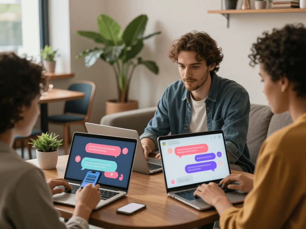 Engaging ai sex chat conversation among diverse individuals in a relaxed setting.