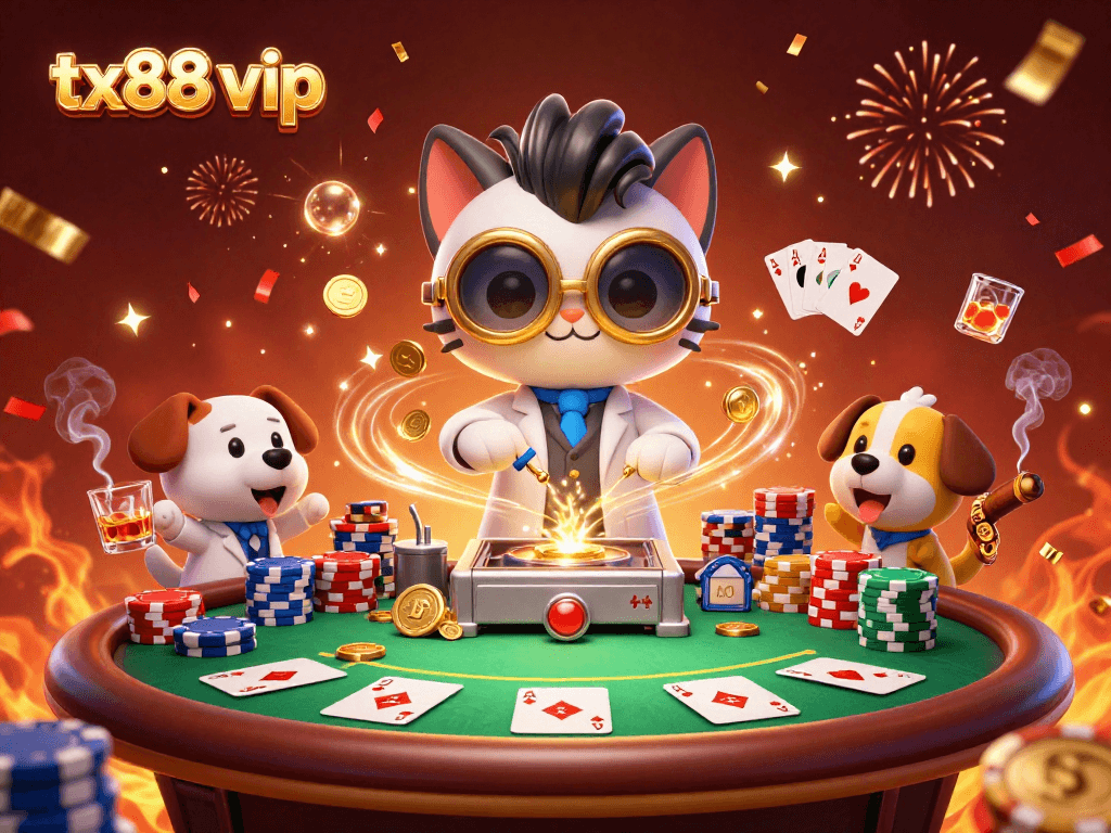 Engage with tx88 vip through this vibrant 3D illustration showcasing a mad scientist and poker elements.