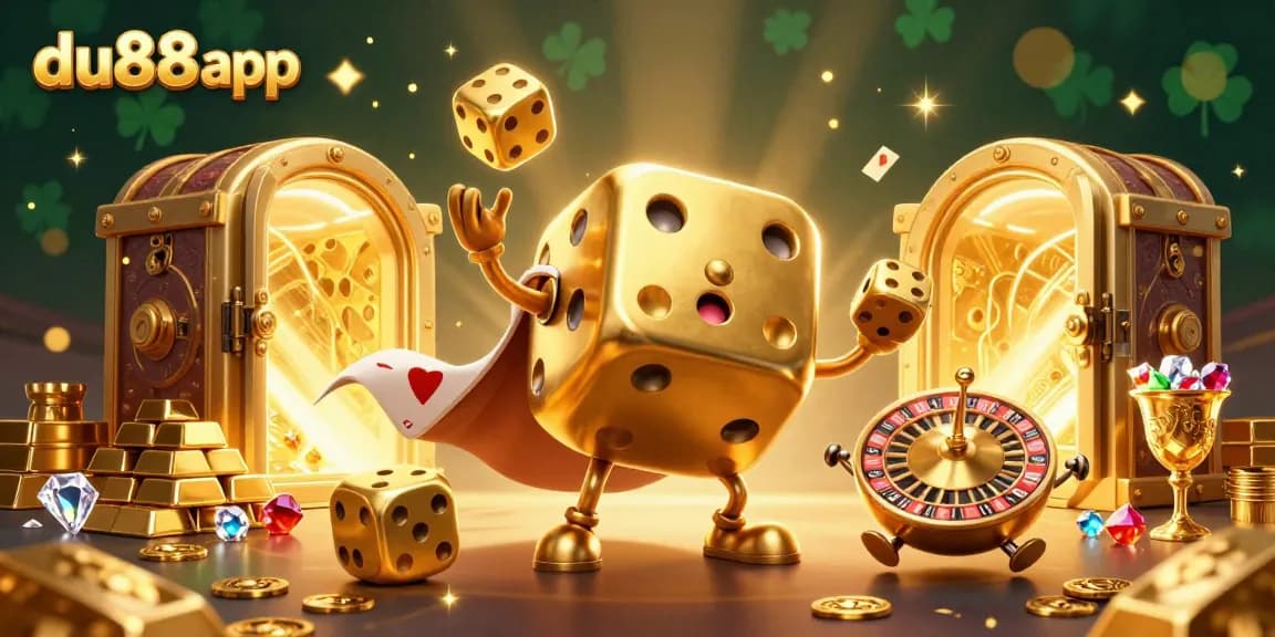 Experience thrilling wins with the du88 app as golden dice characters juggle treasures in a vibrant casino scene.