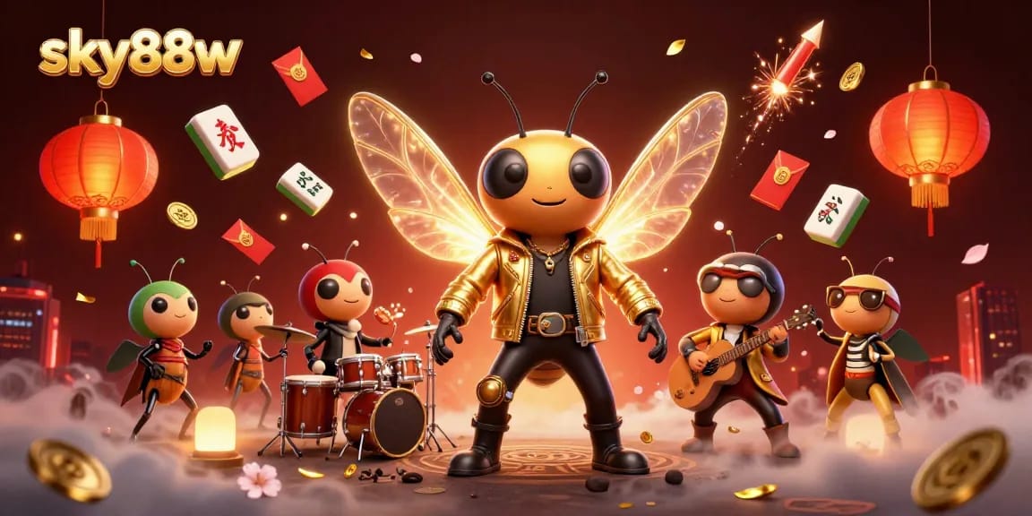 Experience thrilling moments at sky88w while encountering a colorful cicada rock star in a casino-themed 3D scene.