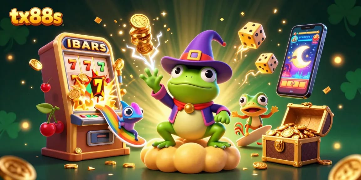 Experience tx88s immersive casino adventure with a joyful wizard frog and vibrant characters amidst golden coins.