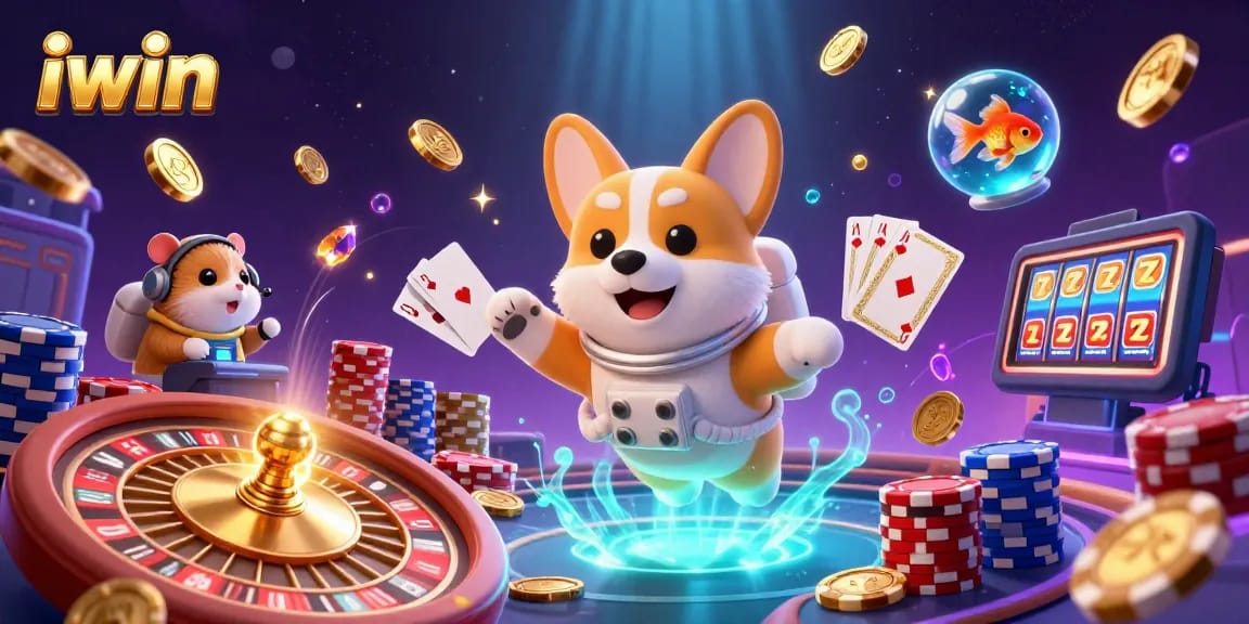 Play exciting games with iwin in this vibrant floating casino scene featuring colorful characters and engaging action.