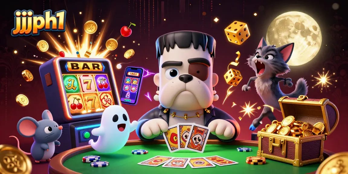 Maglaro ng jjjph1 na may 3D na cartoon Frankenstein bulldog at nakakatakot na kapaligiran.