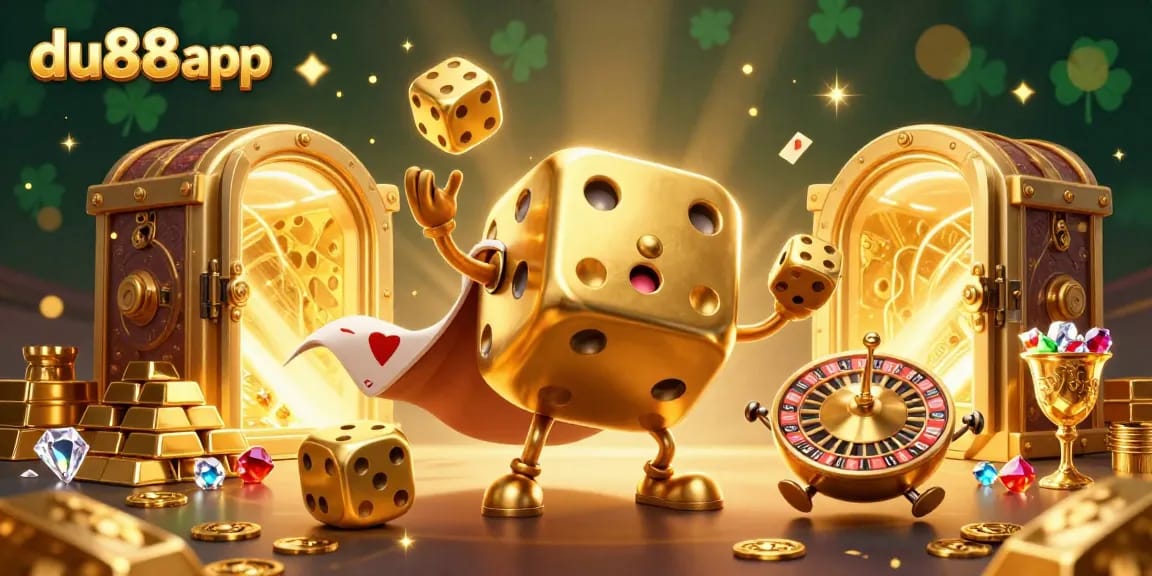 Experience thrilling wins with the du88 app as golden dice characters juggle treasures in a vibrant casino scene.