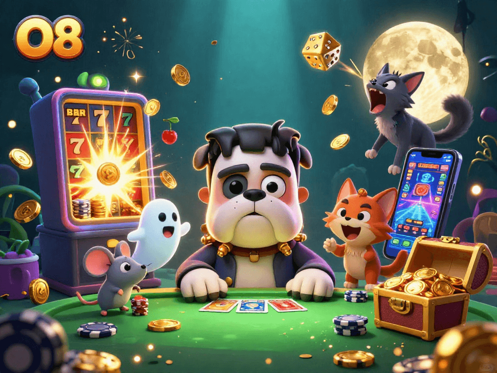 Experience O8's vibrant gaming atmosphere with a 3D scene featuring colorful casino elements and engaging characters.