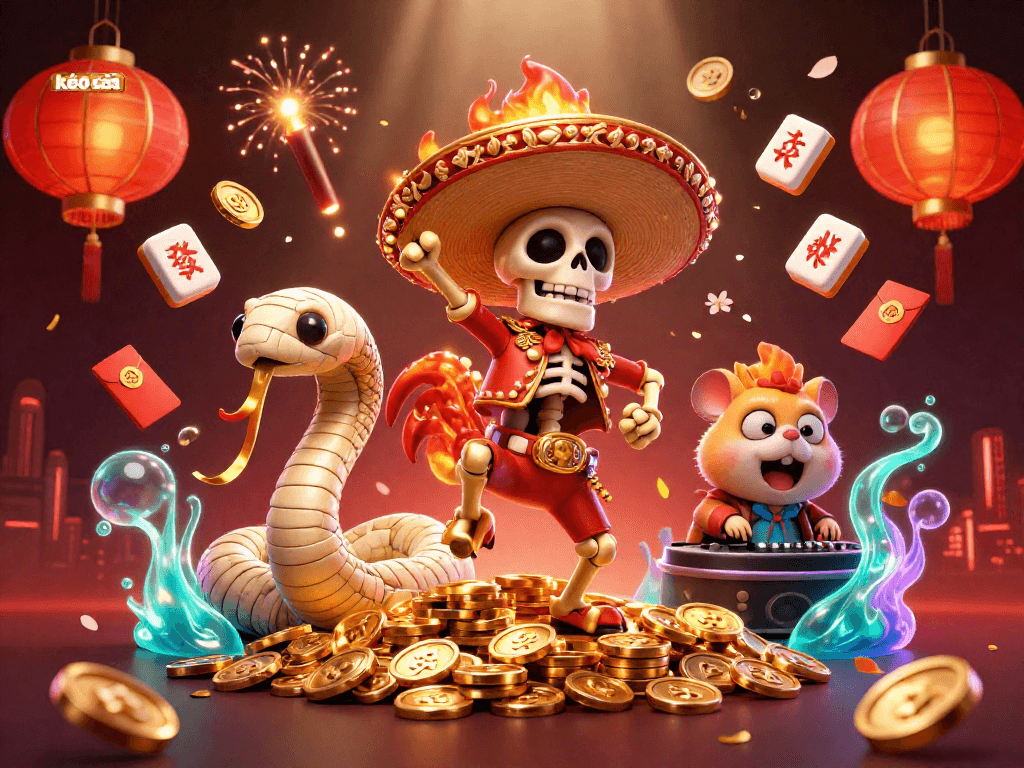 kèo nhà cái showcases a vibrant casino scene with a dancing rooster and a DJ hamster