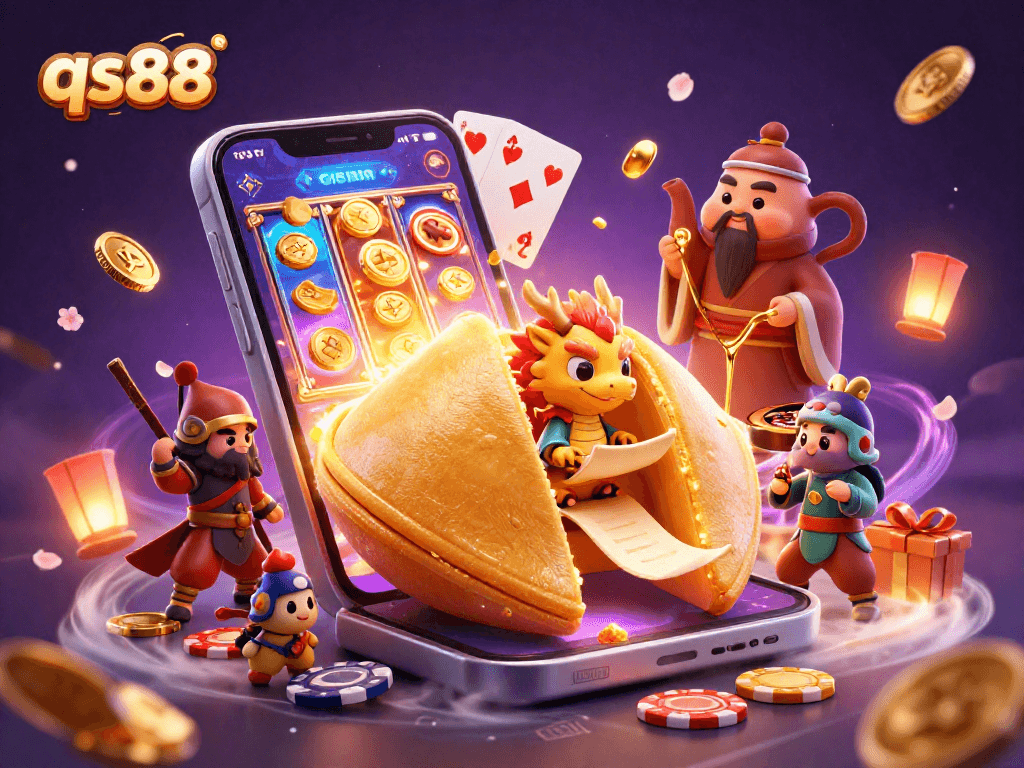 Experience thrilling slots and golden jackpots at qs88 with a festive 3D illustration of fortune cookies and playful dragons.