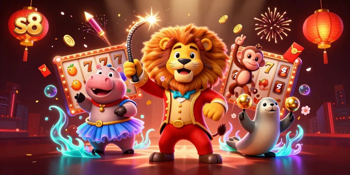 Experience the vibrant action of s8 with spinning reels and dynamic characters in this casino scene.