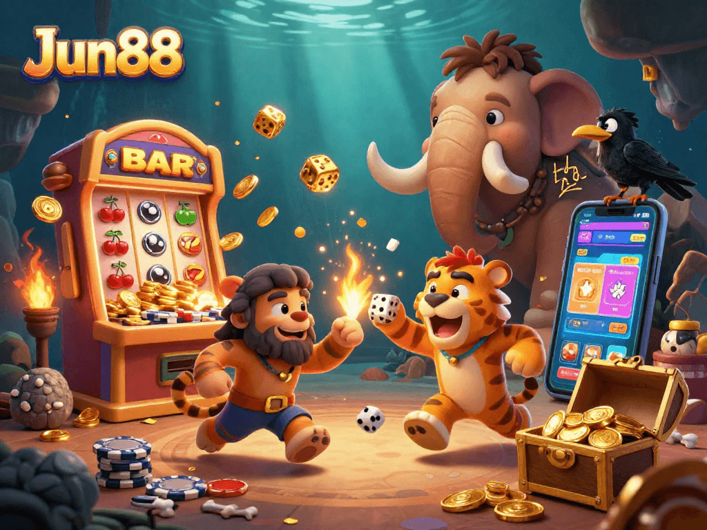 Jun88 casino scene with a caveman and sabertooth tiger winning on slots amidst gold treasures.
