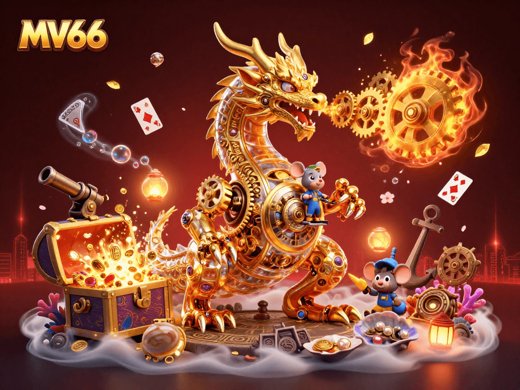 Experience thrilling gameplay with the MV66 dragon and stunning casino elements exploding in a vibrant scene.
