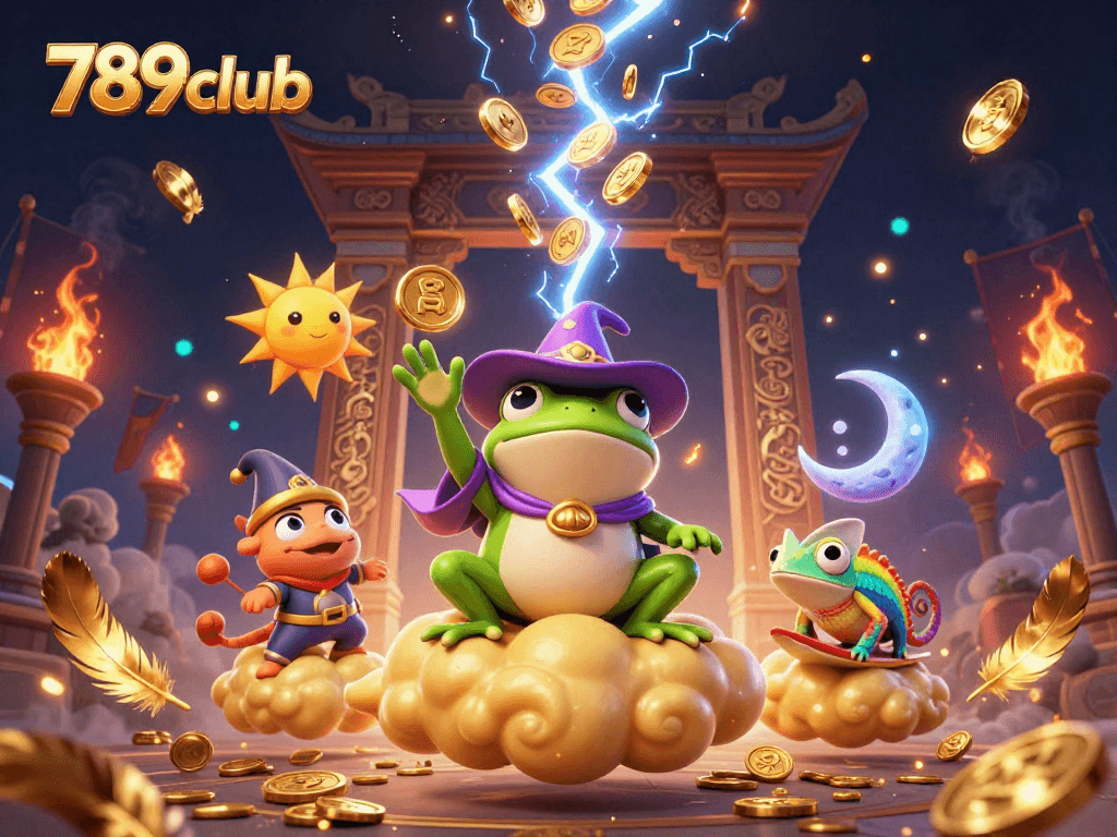 Win big with 789club: vibrant illustration of a wizard frog amidst gold coins and casino elements.