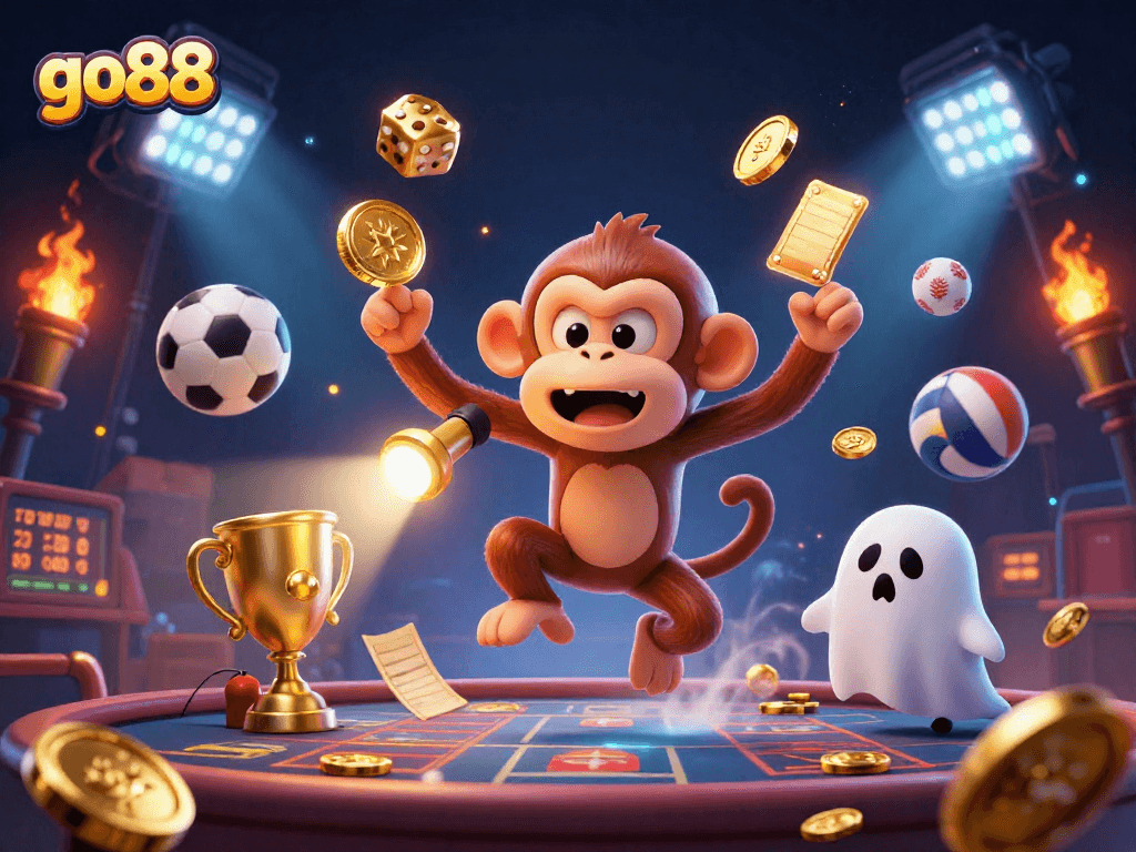Engage with go88's energy as a playful monkey juggles winnings in a vibrant haunted casino.