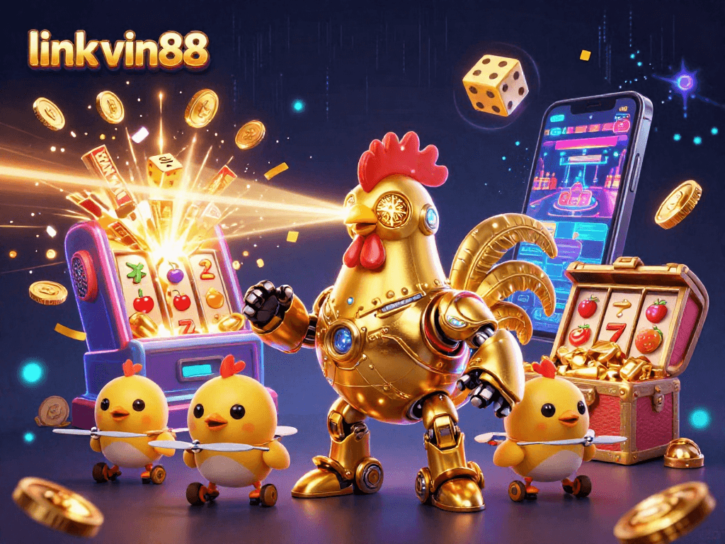 Experience the thrill of link vin88 with a golden rooster robot amidst casino excitement!