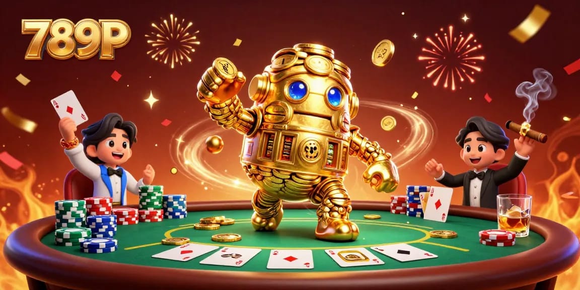 Experience thrilling gaming at 789P with a dynamic casino scene featuring golden golem and poker elements.