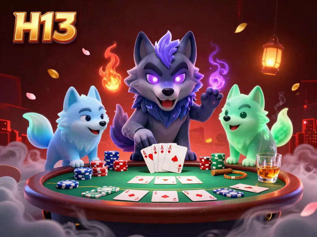 Experience the thrill of H13 poker with vibrant wolf characters and dynamic casino elements.