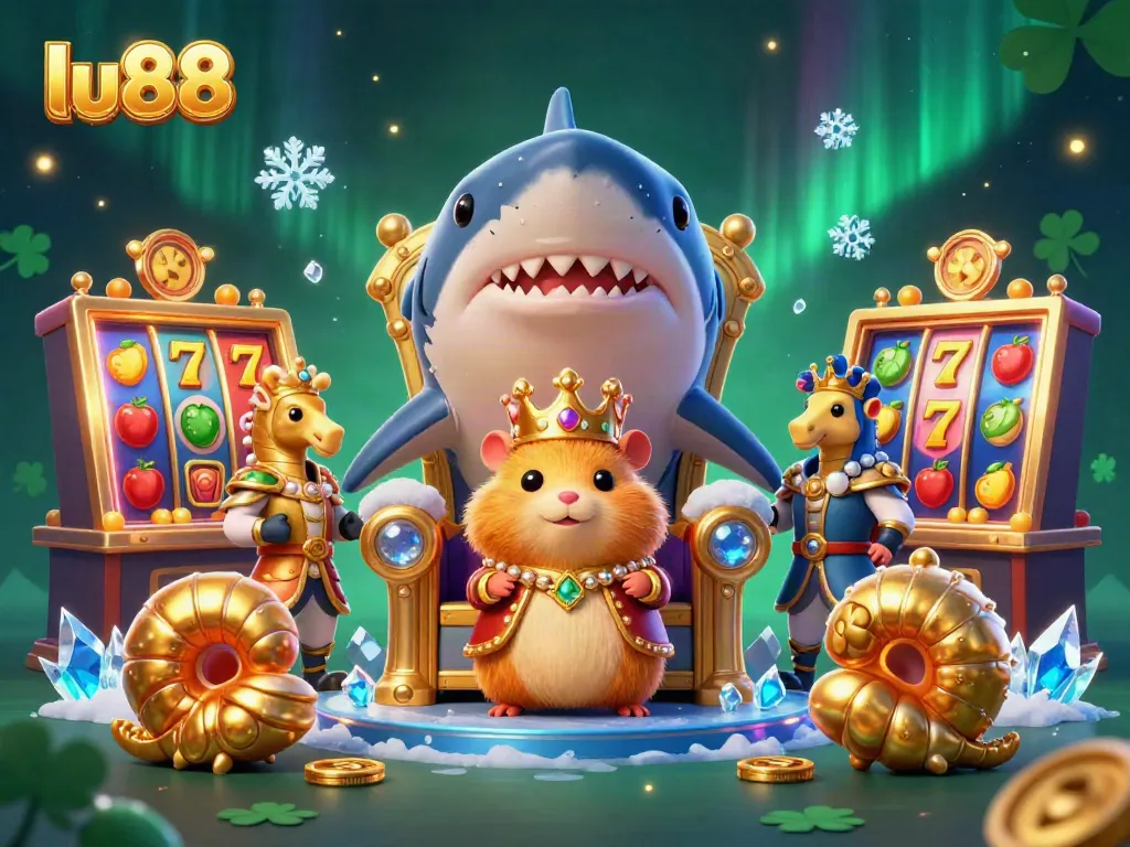 Experience thrilling gaming action at lu88 with a tiny golden hamster king and vibrant slot machines.