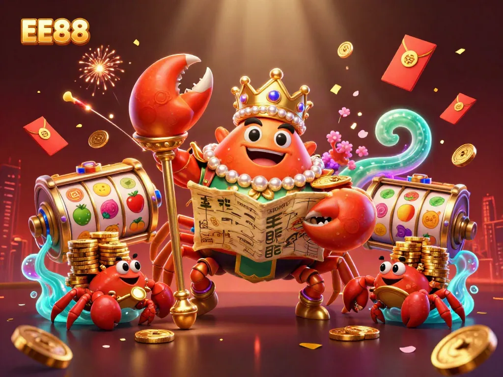 Experience the thrilling allure of EE88 with a vibrant 3D casino scene featuring a golden crab emperor and shimmering slot reels.