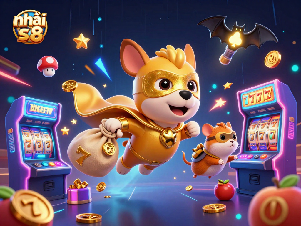 Experience fun at Nhà cái s8 with our vibrant 3D illustration showcasing a superhero dog and slot machines.
