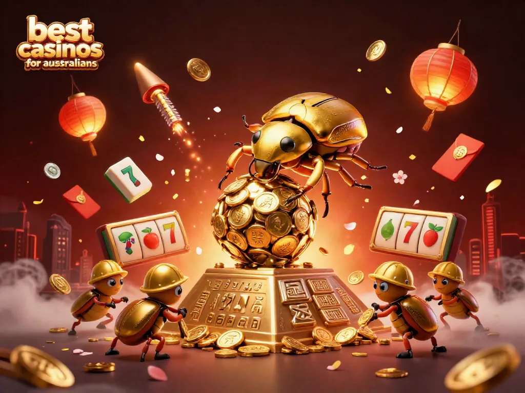 Experience the excitement at the best mac casinos for australians with a vibrant scene of golden beetles and lucky symbols.