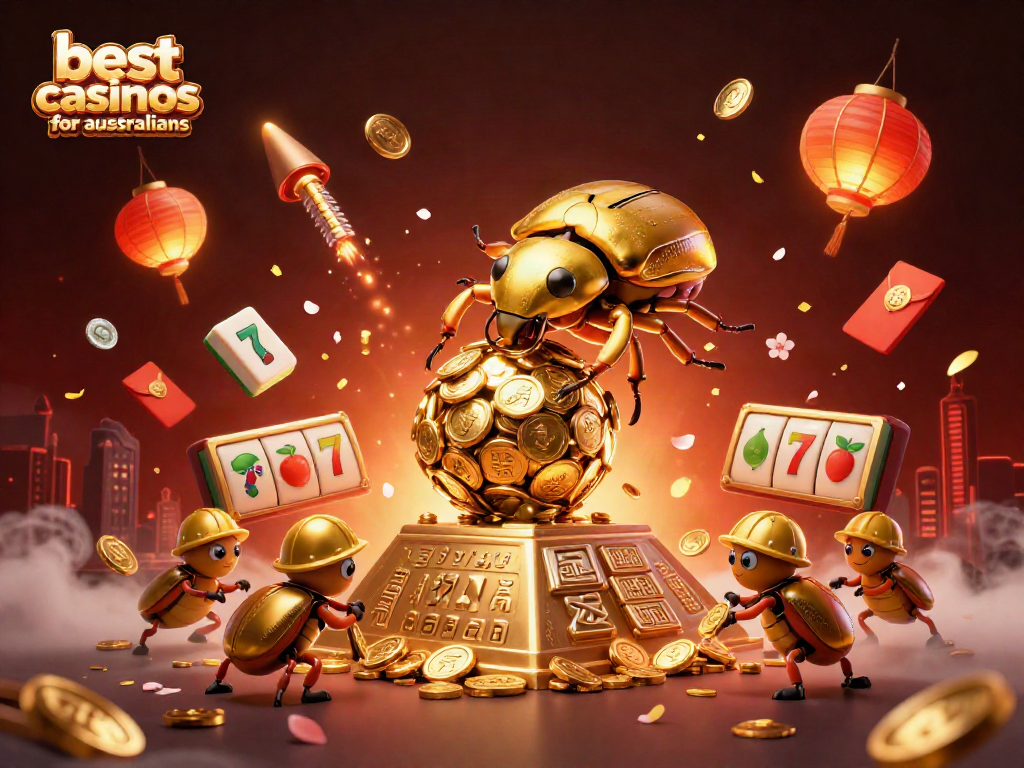 Experience the excitement at the best mac casinos for australians with a vibrant scene of golden beetles and lucky symbols.