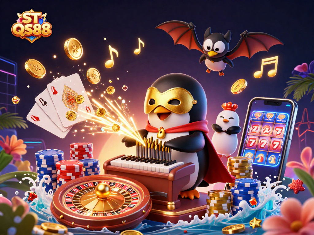 Engage with the excitement of ST QS88: a vibrant illustration of casino thrills featuring lively game elements.