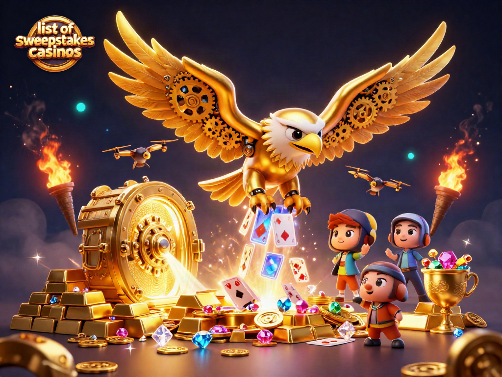 Experience the excitement of the list of sweepstakes casinos with dazzling golden elements and vibrant 3D illustrations.