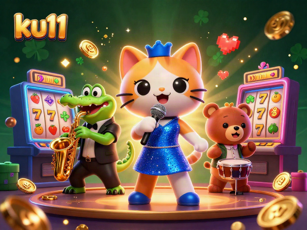 Engage in casino fun with ku11 featuring a singing cat and vibrant slot machines.