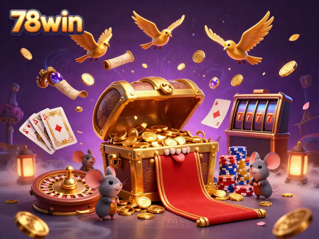 Experience the thrill of 78win with a treasure chest lure amidst cascading coins and vibrant game elements.
