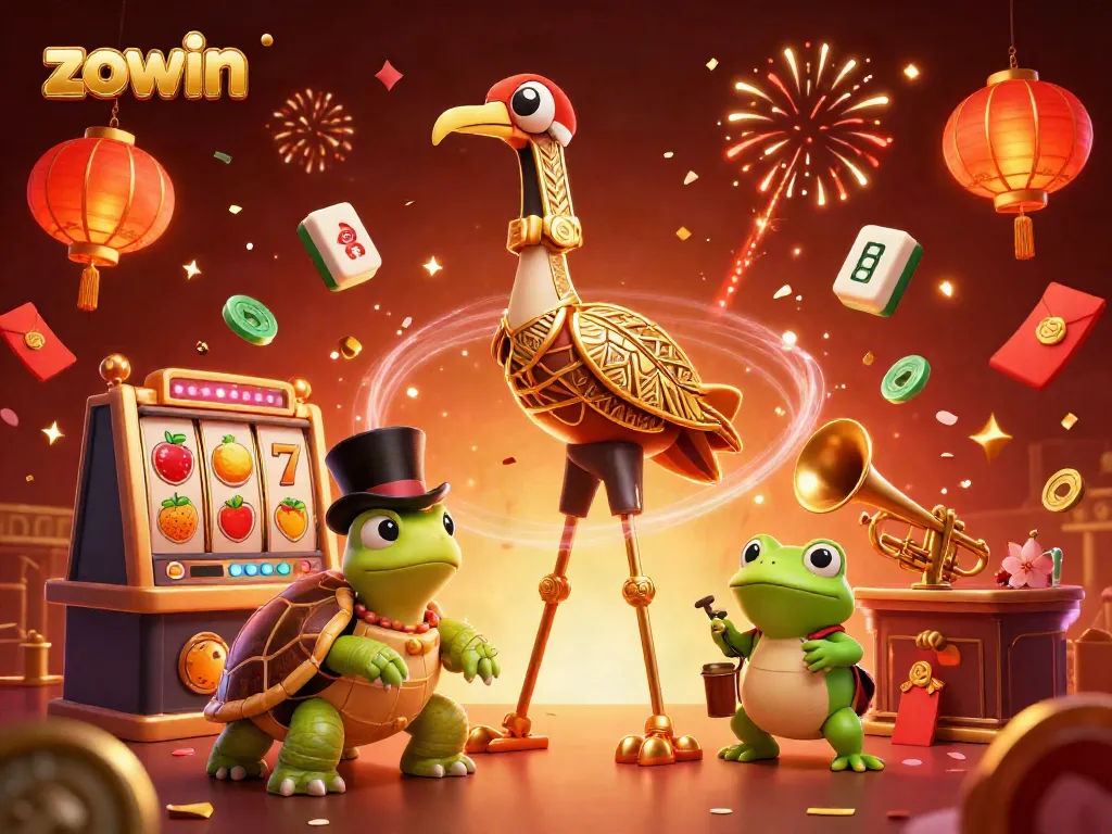 Zowin offers thrilling casino experiences with vibrant decorations, golden jackpots, and playful characters.