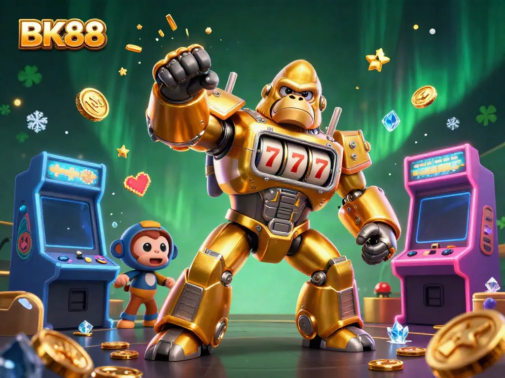Experience the thrill of BK88 with a dynamic 3D illustration showcasing casino elements, gaming machines, and excitement.