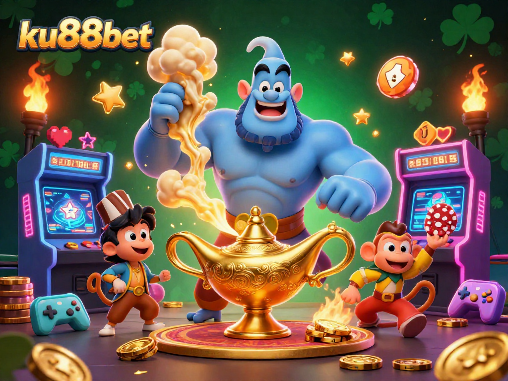 Engage with ku88bet's vibrant 3D casino scene featuring a genie, monkey, and poker chips in a magical atmosphere.