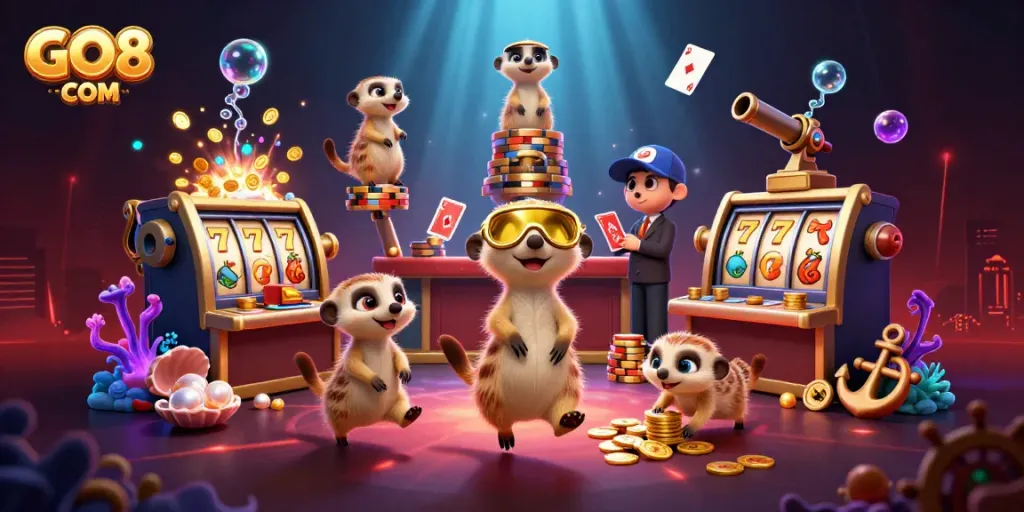 Winning at GO8 COM illustrated with meerkats in a lively casino, showcasing vibrant slot elements.
