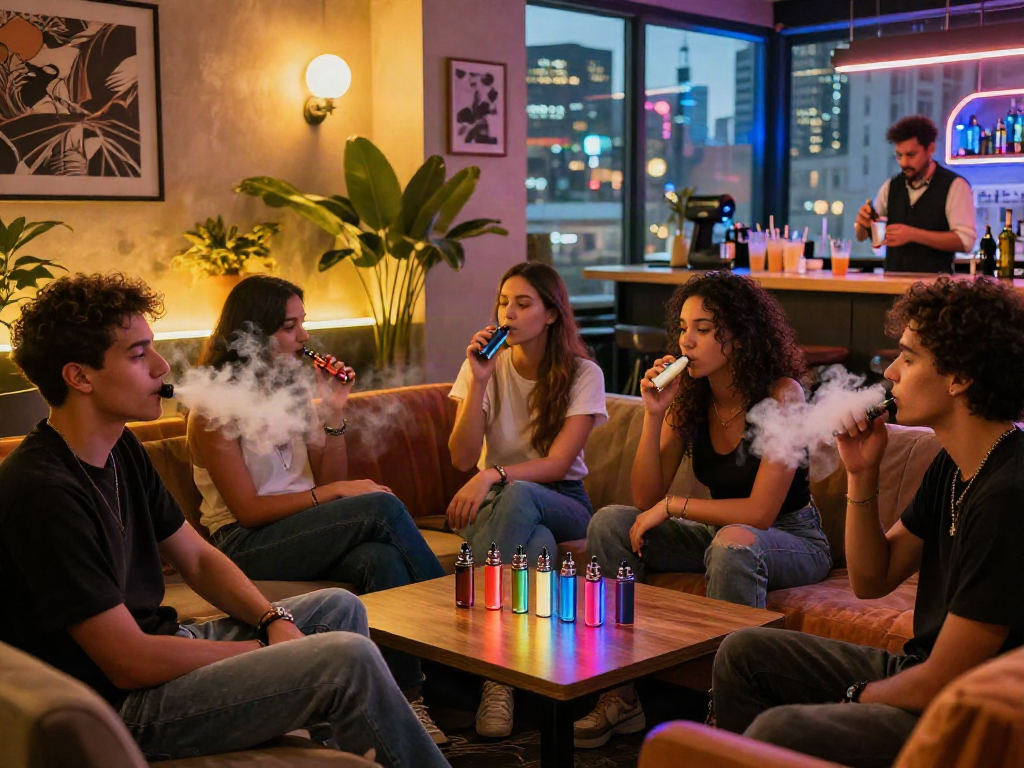 Friends enjoying raz vape devices in a cozy urban lounge