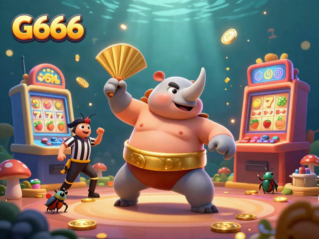 Experience the dynamic excitement of G666 with a vibrant casino scene featuring a sumo champion beetle and slot machines.