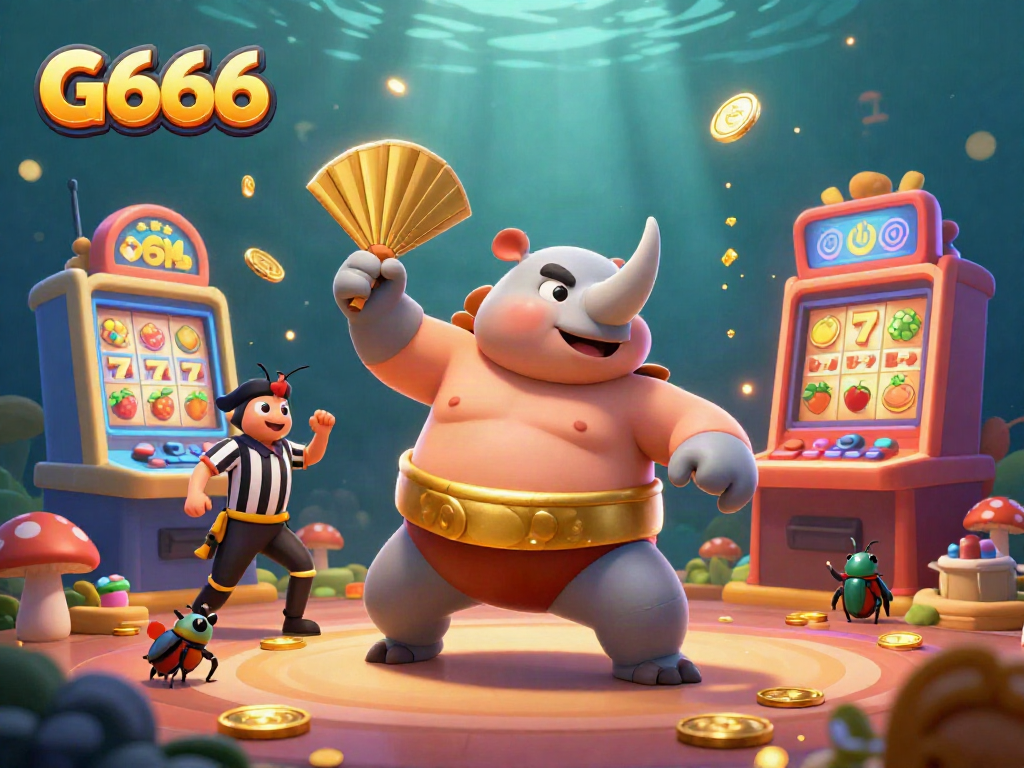 Experience the dynamic excitement of G666 with a vibrant casino scene featuring a sumo champion beetle and slot machines.