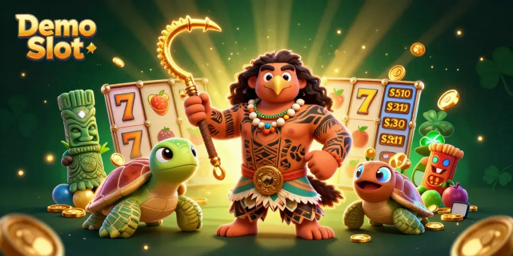 Engage with the thrilling Demo Slot experience through this vibrant 3D illustration showcasing iconic slot elements.