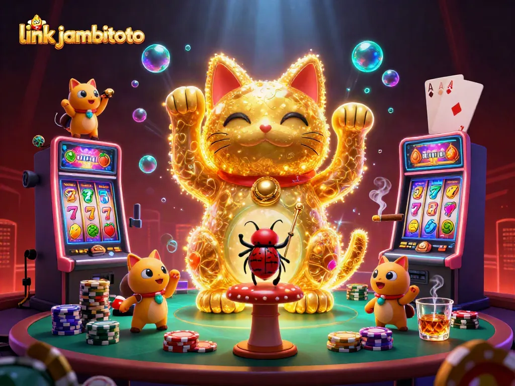 Engage with the exciting world of link jambitoto, featuring a lucky cat celebrating casino symbols and slot games.