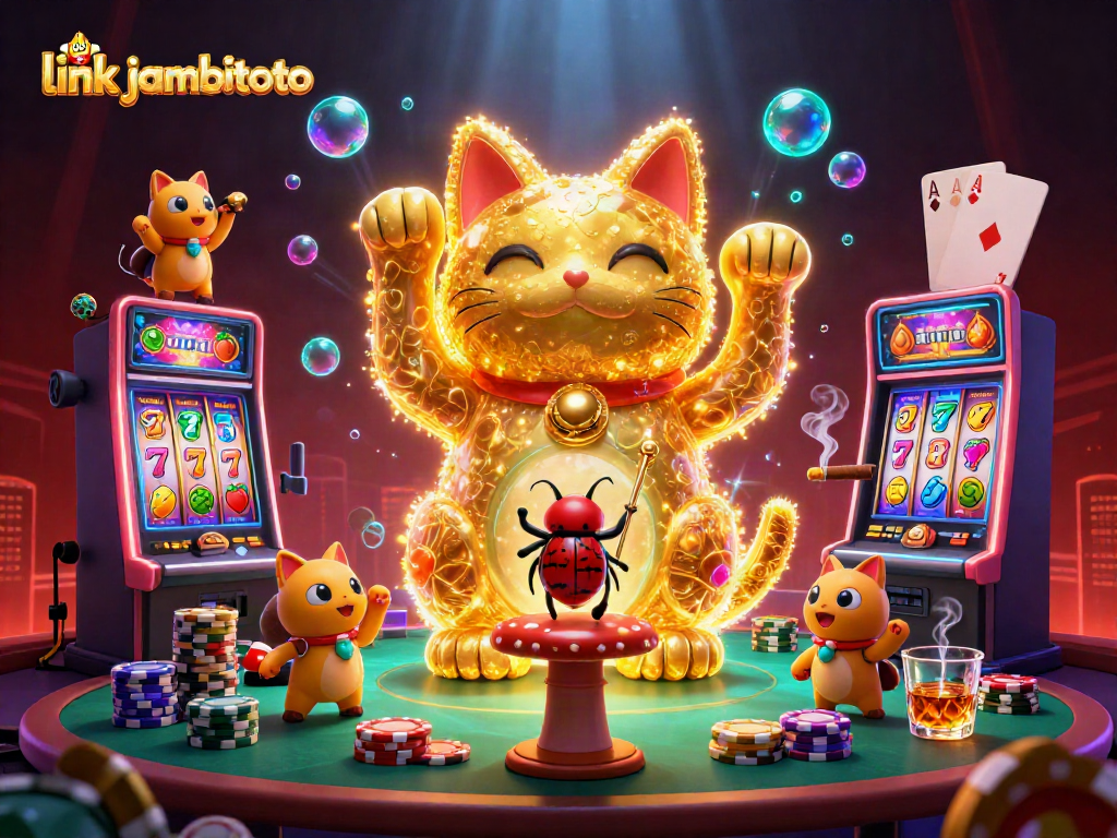 Engage with the exciting world of link jambitoto, featuring a lucky cat celebrating casino symbols and slot games.