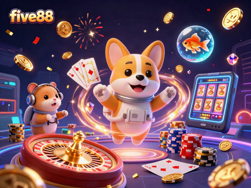 Experience the excitement of five88 with a vibrant 3D casino scene featuring a playful astronaut corgi.