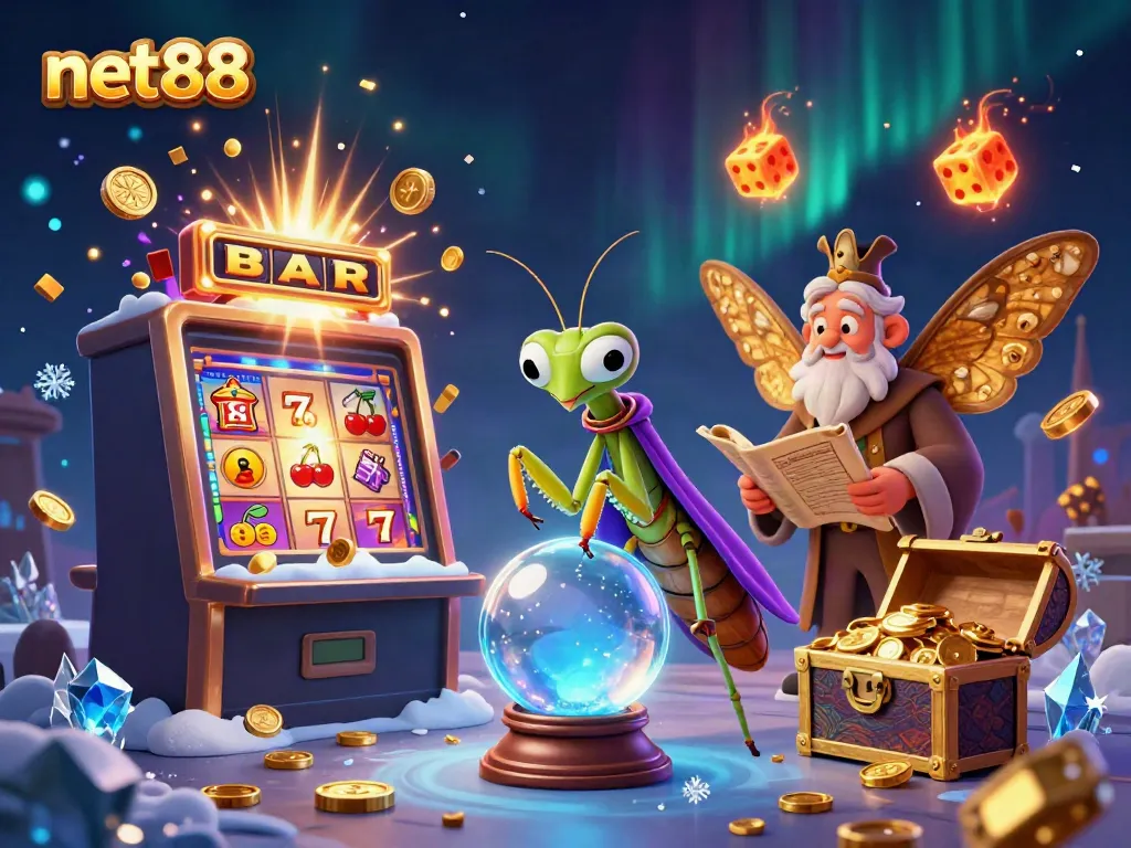 Engage with net88 in an enchanting casino scene with fortune teller characters and vibrant gaming symbols.
