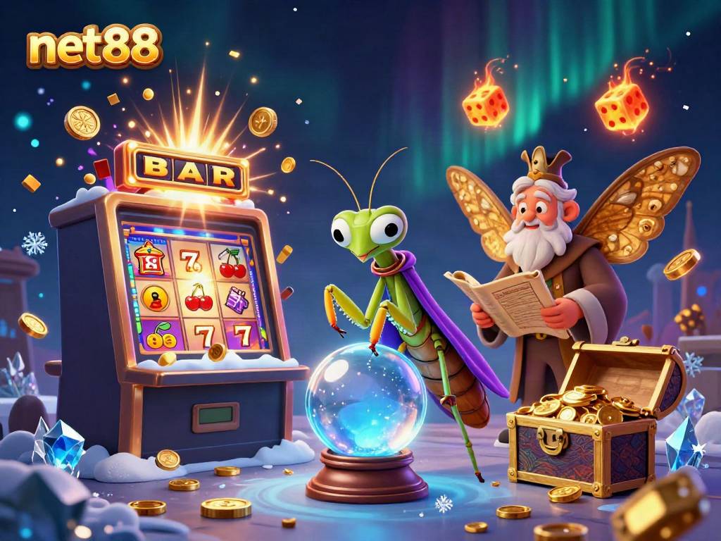 Engage with net88 in an enchanting casino scene with fortune teller characters and vibrant gaming symbols.