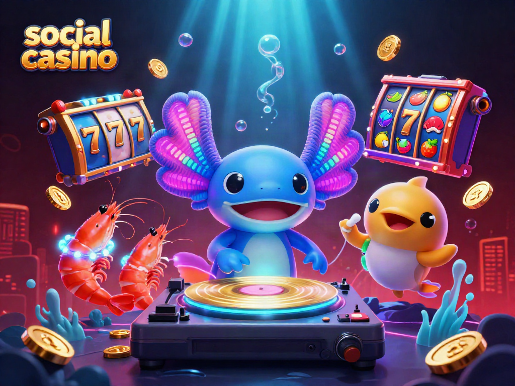 Engage in a vibrant social casino atmosphere with a neon axolotl DJ and glowing slot game elements.
