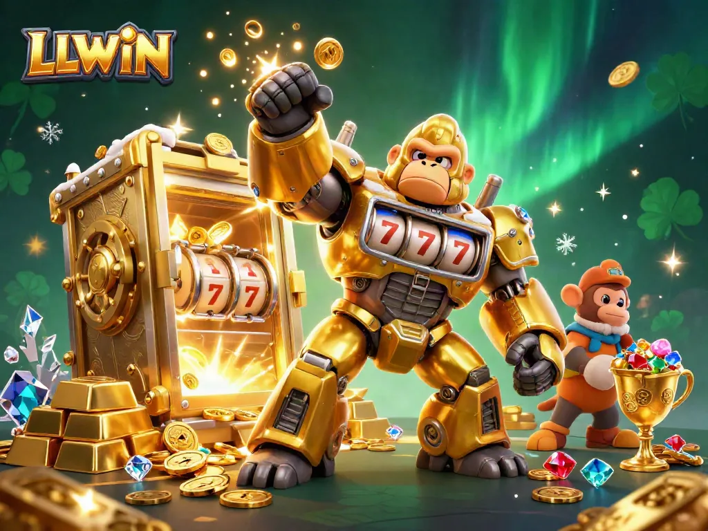 LLWIN captivates players with a thrilling 3D illustration of a golden gorilla mech, symbolizing rich casino rewards.