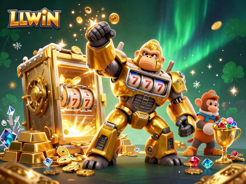 LLWIN captivates players with a thrilling 3D illustration of a golden gorilla mech, symbolizing rich casino rewards.