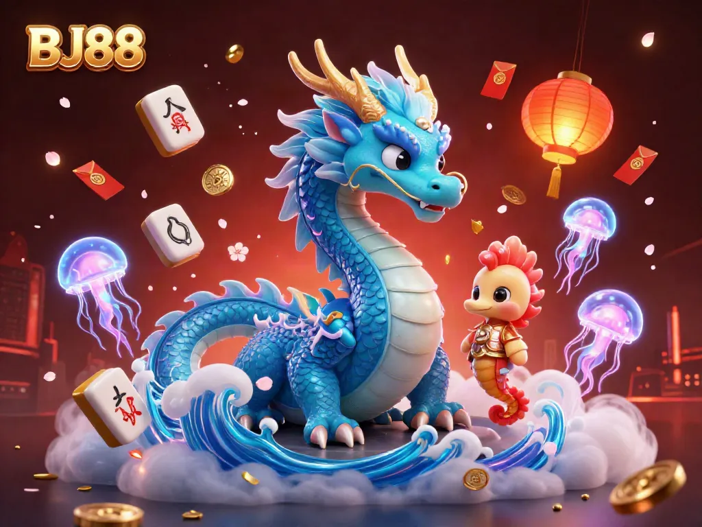 BJ88 showcases a mystical 3D dragon alongside seahorse knight and jellyfish while celebrating vibrant Mahjong elements.
