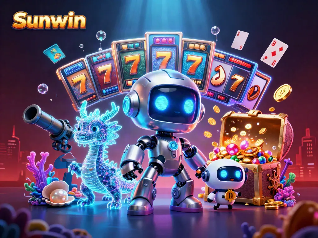 Engage in thrilling gameplay with Sunwin's vibrant 3D casino illustration, showcasing exciting slots action.