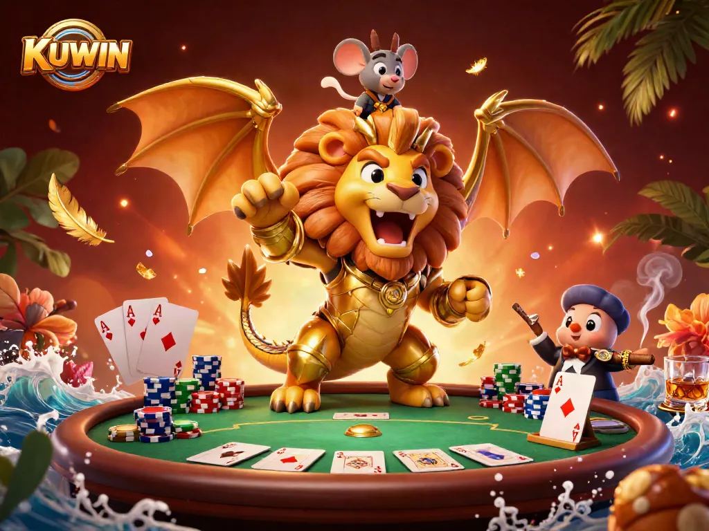 Engage with the dynamic KUWIN casino experience featuring a roaring chimera and poker elements.
