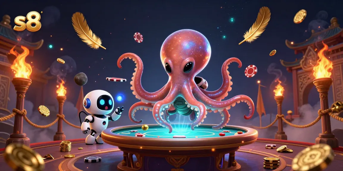 Engaging scene of an alien octopus at a holographic poker table, embodying the excitement of s8 gaming.